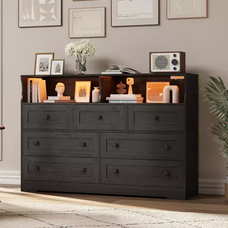 Freestanding Dresser, Chest of 7 Drawers with LED, 2 Open Compartments and Charging Station, Storage Organizer for Bedroom Entryway Nursery