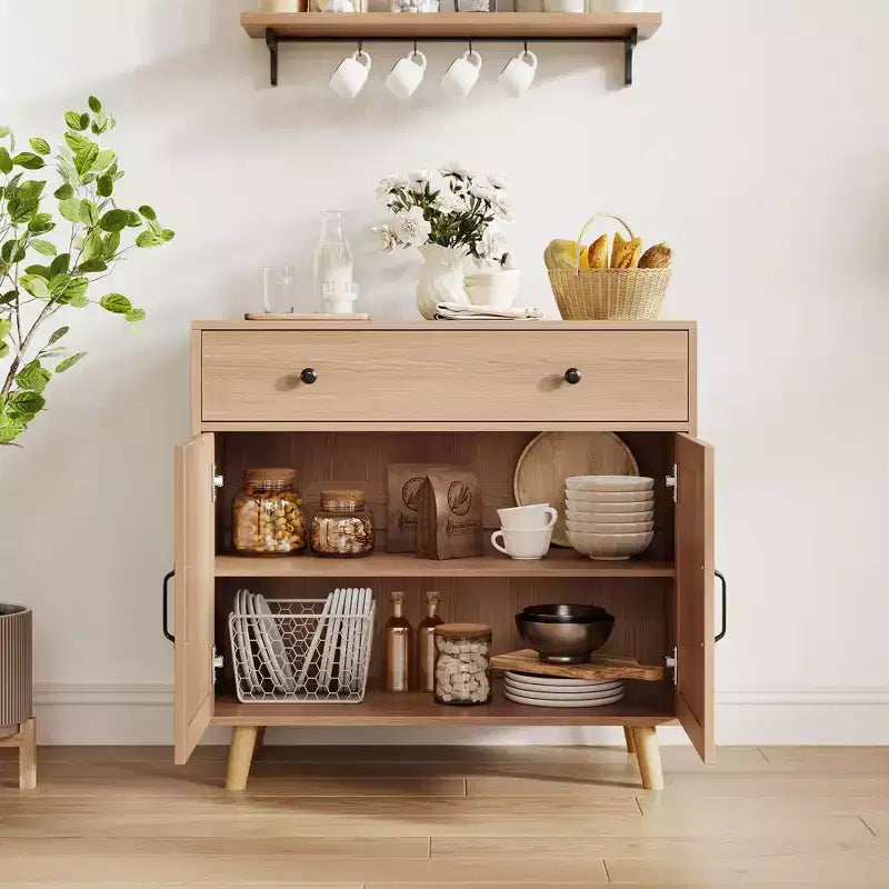 Mobile buffet COZONY con contenitore, Tavolo consolle da caffè, Credenza con cassetto e ante, Credenza in legno con consolle