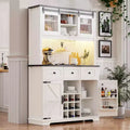 MAYEERTY White Oak 71 Farmhouse Pantry Bar Cabinet, Sliding Door with Power Outlet Pegboard Wine Glass Rack 3 Drawers