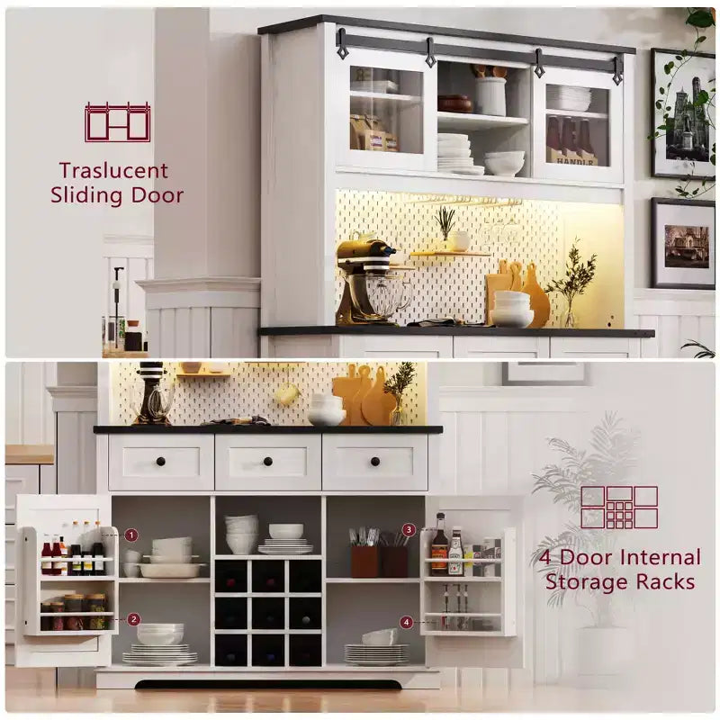 MAYEERTY Chêne Blanc 71 Armoire de Rangement de Cuisine Style Ferme, Porte Coulissante avec Prise Électrique, Panneau Perforé, Porte-Verres à Vin, 3 Tiroirs
