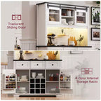 MAYEERTY Chêne Blanc 71 Armoire de Rangement de Cuisine Style Ferme, Porte Coulissante avec Prise Électrique, Panneau Perforé, Porte-Verres à Vin, 3 Tiroirs