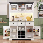 MAYEERTY Chêne Blanc 71 Armoire de Rangement de Cuisine Style Ferme, Porte Coulissante avec Prise Électrique, Panneau Perforé, Porte-Verres à Vin, 3 Tiroirs