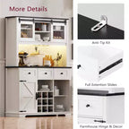 MAYEERTY Chêne Blanc 71 Armoire de Rangement de Cuisine Style Ferme, Porte Coulissante avec Prise Électrique, Panneau Perforé, Porte-Verres à Vin, 3 Tiroirs