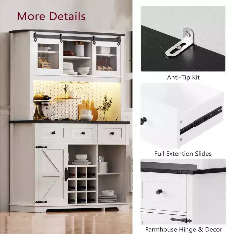 MAYEERTY Chêne Blanc 71 Armoire de Rangement de Cuisine Style Ferme, Porte Coulissante avec Prise Électrique, Panneau Perforé, Porte-Verres à Vin, 3 Tiroirs