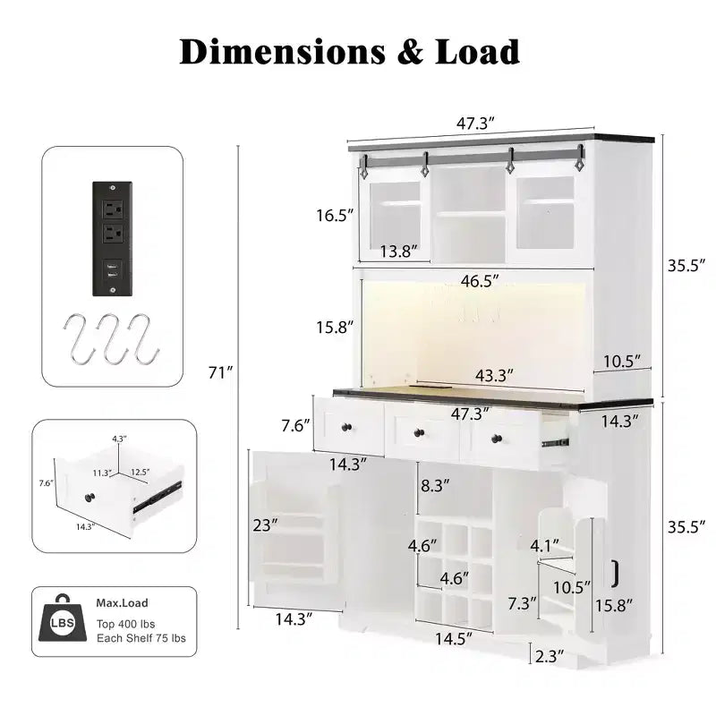 MAYEERTY Chêne Blanc 71 Armoire de Rangement de Cuisine Style Ferme, Porte Coulissante avec Prise Électrique, Panneau Perforé, Porte-Verres à Vin, 3 Tiroirs