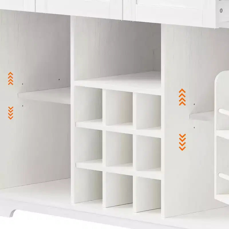 MAYEERTY Chêne Blanc 71 Armoire de Rangement de Cuisine Style Ferme, Porte Coulissante avec Prise Électrique, Panneau Perforé, Porte-Verres à Vin, 3 Tiroirs