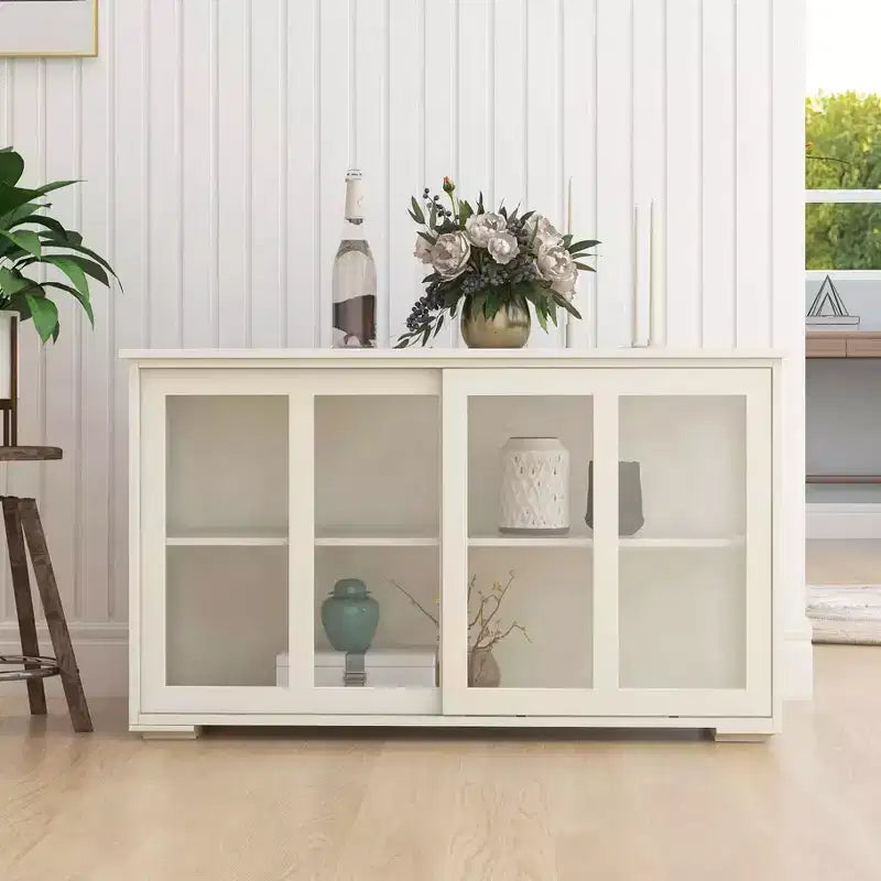 MAYEERTY White Kitchen Storage Cupboard, Glass Door Design for Display & Storage