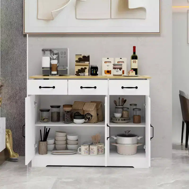 MAYEERTY Madia bianca da fattoria, 3 cassetti 3 ante, credenza contenitore per sala da pranzo