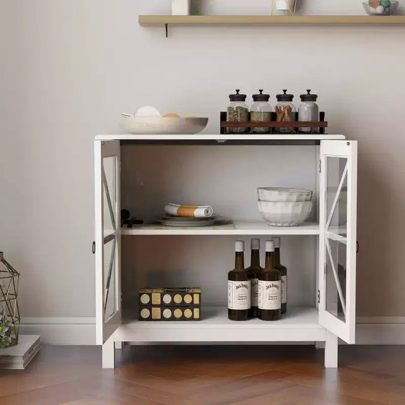 MAYEERTY Mobiletto da cucina, ante doppie in vetro per esposizione e scomparti chiusi