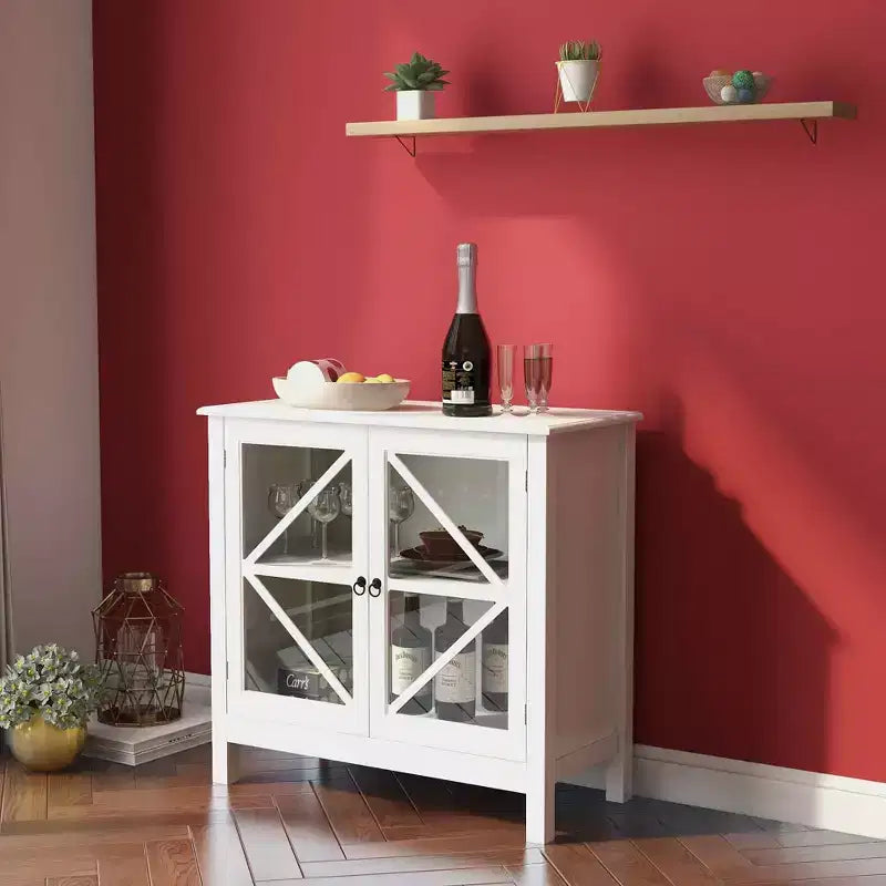 MAYEERTY Mobiletto da cucina, ante doppie in vetro per esposizione e scomparti chiusi