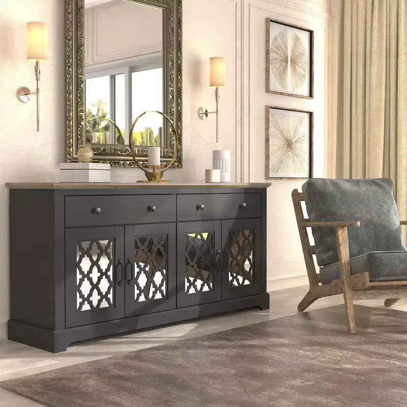Buffet Galano à 2 tiroirs avec portes miroir L 149,1 x P 39,9 x H 74,2 cm