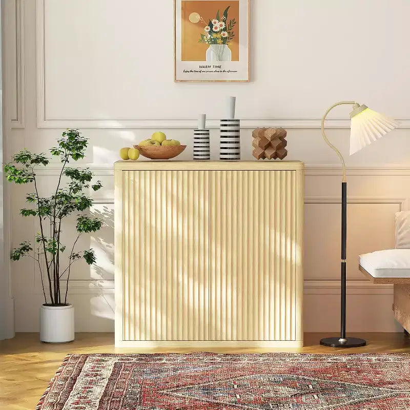 Fluted Sideboard Buffet Cabinet, 34.6in Wide Wooden Cupboard Coffee Bar Credenza Storage Cabinet,Adjustable Shelves for Kitchen Dining Living Room