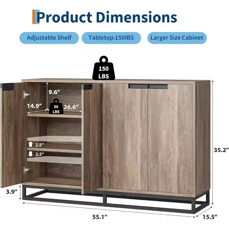 Buffet Bahut, Console d'entrée de 140 cm de large avec 4 portes et étagères réglables, Meuble bar à café en bois pour Salon, Salle à manger, Cuisine
