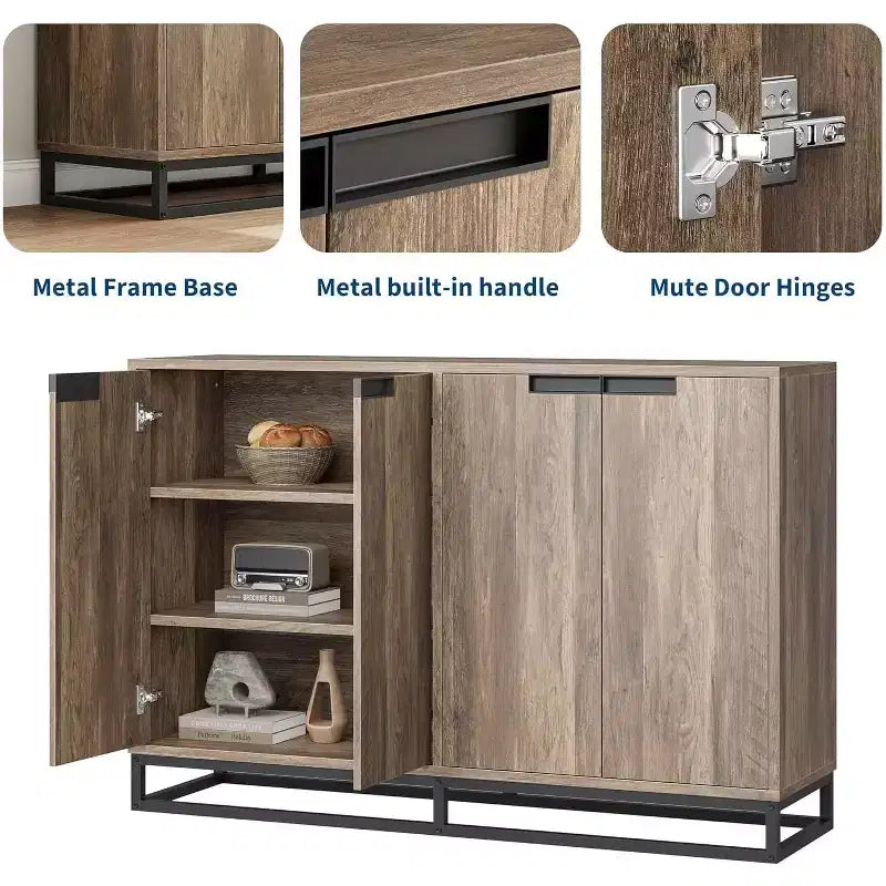 Buffet Bahut, Console d'entrée de 140 cm de large avec 4 portes et étagères réglables, Meuble bar à café en bois pour Salon, Salle à manger, Cuisine