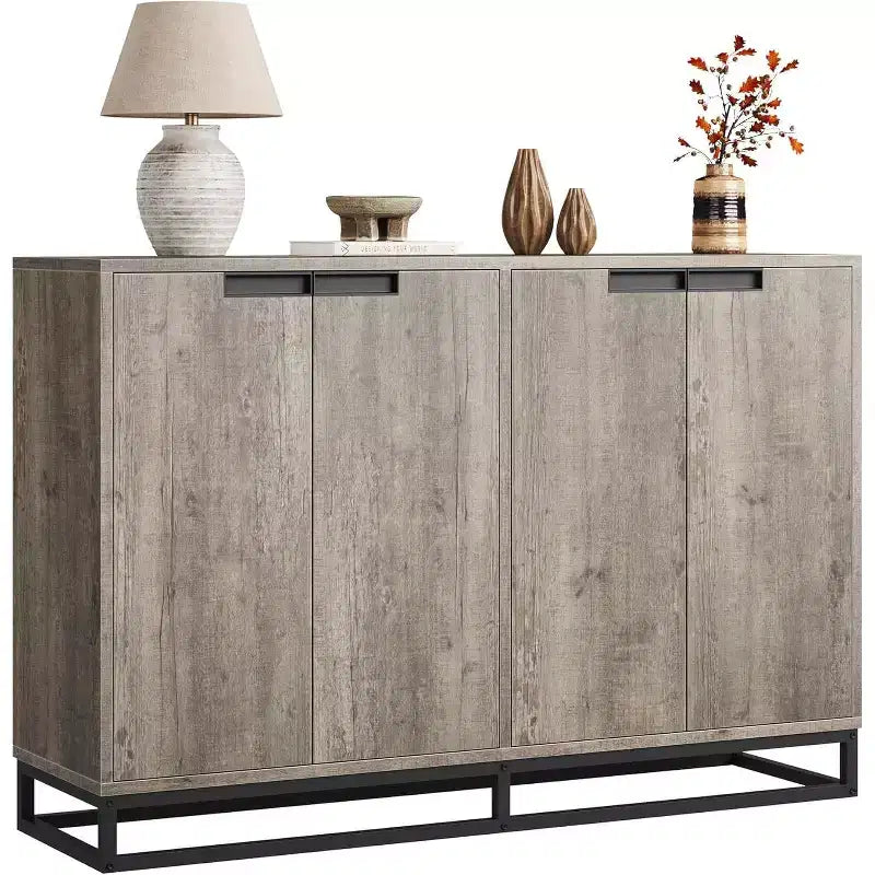55 in Buffet Storage Cabinet, Sideboard Modern Credenza with Metal Base 4 Doors Shelves, Accent Coffee Bar Table for Kitchen Dining Room, Living Room