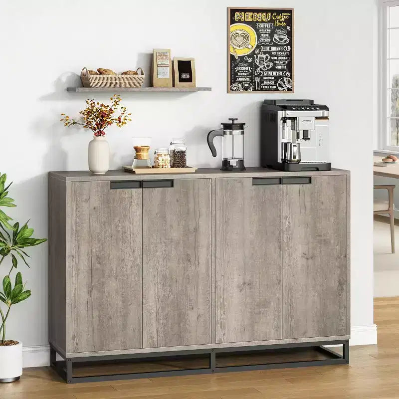 Meuble de rangement buffet de 55 pouces, crédence moderne avec base en métal, 4 portes, étagères, table d'appoint de bar à café pour cuisine, salle à manger, salon