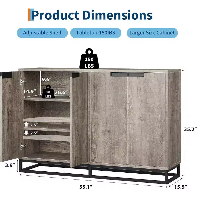 Meuble de rangement buffet de 55 pouces, crédence moderne avec base en métal, 4 portes, étagères, table d'appoint de bar à café pour cuisine, salle à manger, salon
