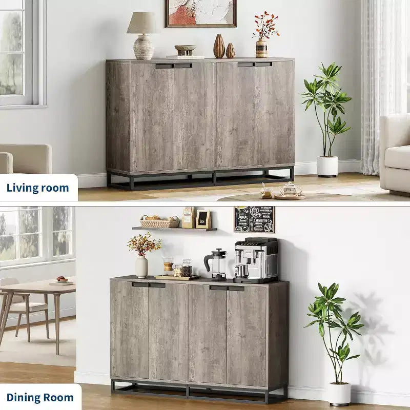 Meuble de rangement buffet de 55 pouces, crédence moderne avec base en métal, 4 portes, étagères, table d'appoint de bar à café pour cuisine, salle à manger, salon