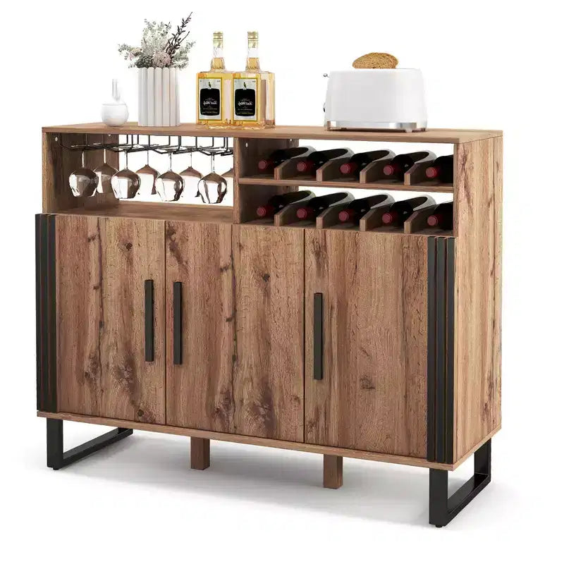 Costway Home Drinks Bar Cabinet w/ 3 Doors & Adjustable Shelves 2-tier Drinks Rack Sideboard