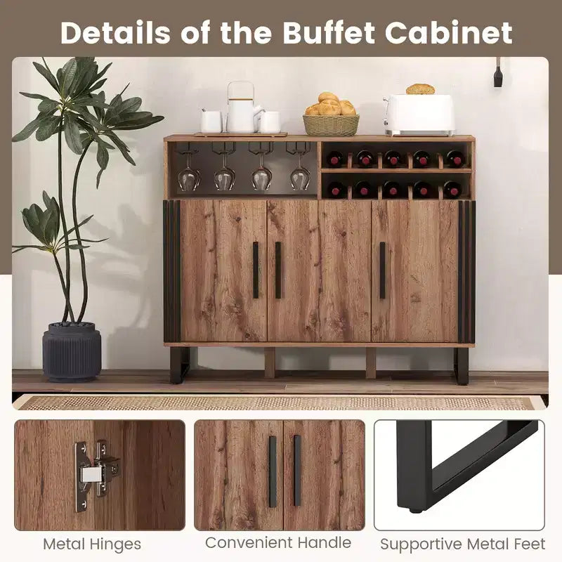 Mobile Bar Domestico Costway con 3 Ante e Ripiani Regolabili, Credenza con Scaffale per Bevande a 2 Livelli