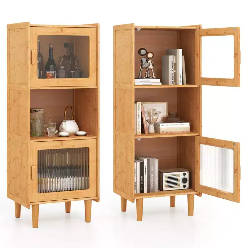 Costway 2PCS Bamboo Cabinet Narrow Kitchen Storage Cabinet w/ Open Compartment & Storage