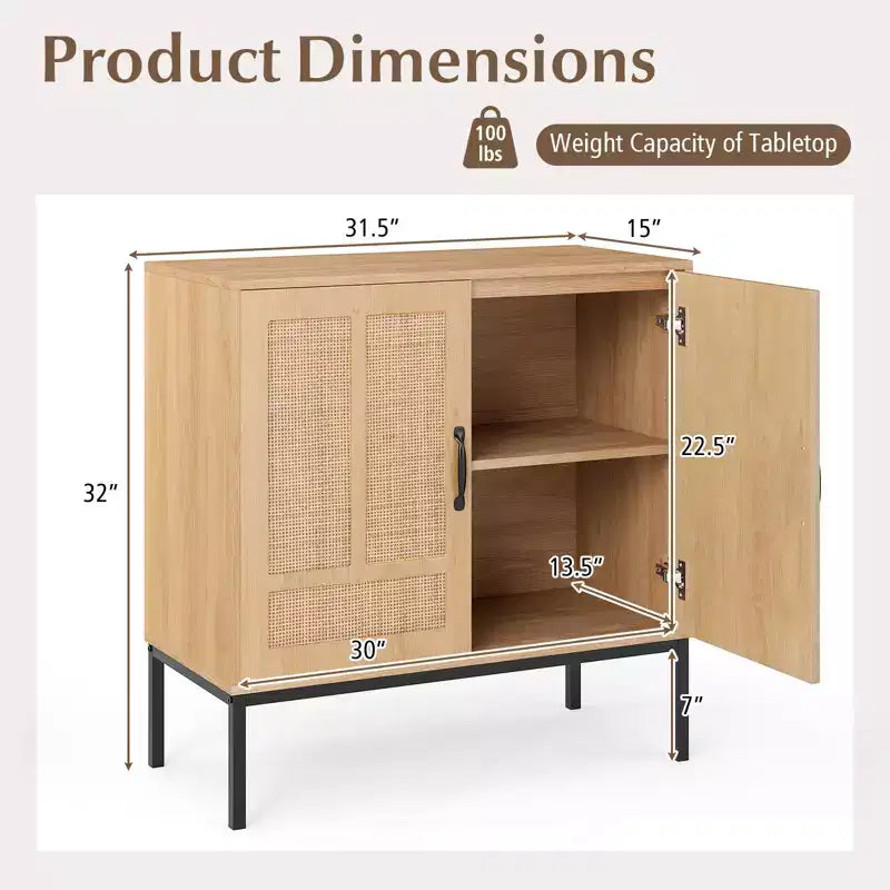Costway Mobile Contenitore in Rattan con Credenza a 2 Ante e Scaffale Regolabile a 3 Posizioni
