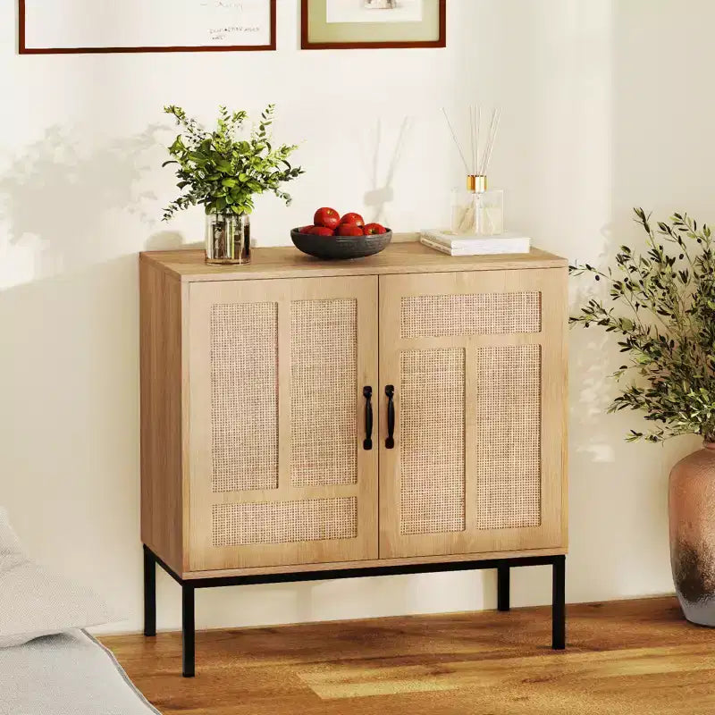 Costway Mobile Contenitore in Rattan con Credenza a 2 Ante e Scaffale Regolabile a 3 Posizioni