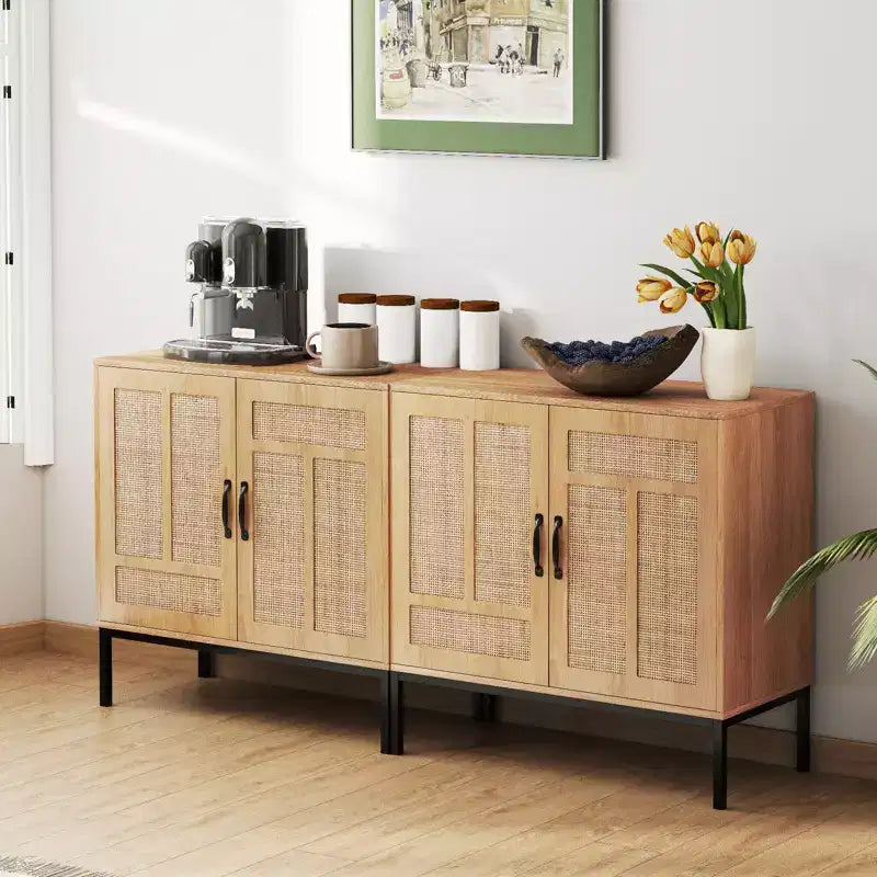 Costway Mobile Contenitore in Rattan con Credenza a 2 Ante e Scaffale Regolabile a 3 Posizioni