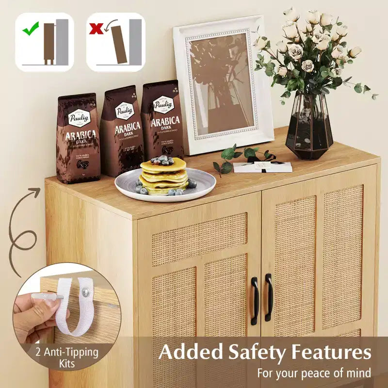 Costway Mobile Contenitore in Rattan con Credenza a 2 Ante e Scaffale Regolabile a 3 Posizioni