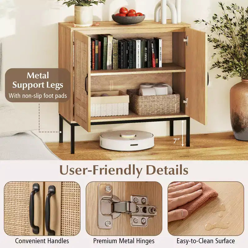 Costway Mobile Contenitore in Rattan con Credenza a 2 Ante e Scaffale Regolabile a 3 Posizioni