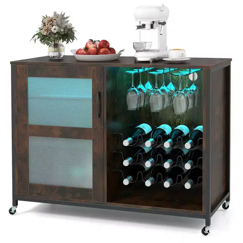 Costway Bar Cabinet w/ Wheels LED Lights Storage Shelves Glass Holders Drinks Racks