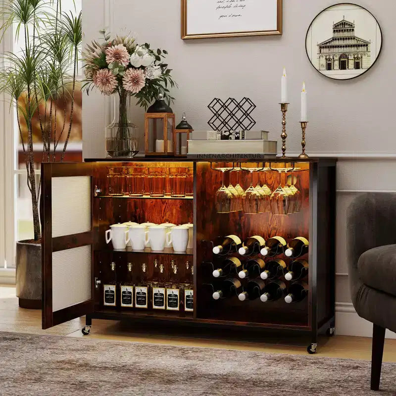 Mobile Bar Costway con Ruote, Luci a LED, Ripiani, Porta Bicchieri e Porta Bottiglie