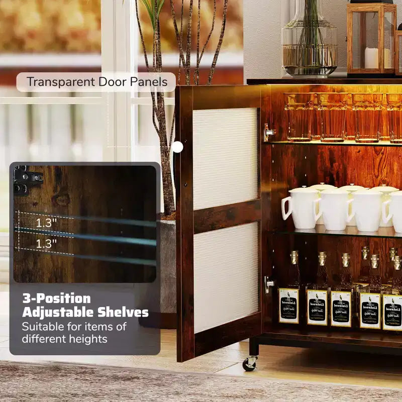 Mobile Bar Costway con Ruote, Luci a LED, Ripiani, Porta Bicchieri e Porta Bottiglie