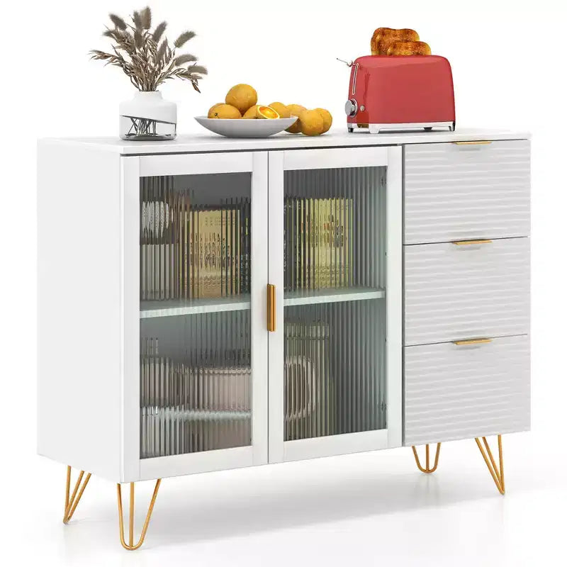 Costway Buffet Server Sideboard w/ 2 Tempered Glass Doors & 3 Drawers for Kitchen White