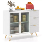 Costway Buffet Server Sideboard w/ 2 Tempered Glass Doors & 3 Drawers for Kitchen White
