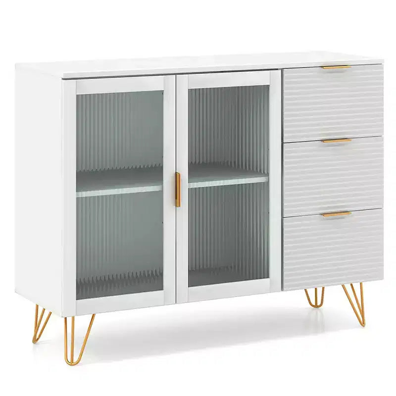 Credenza da Buffet Costway con 2 Ante in Vetro Temperato e 3 Cassetti per Cucina Bianca