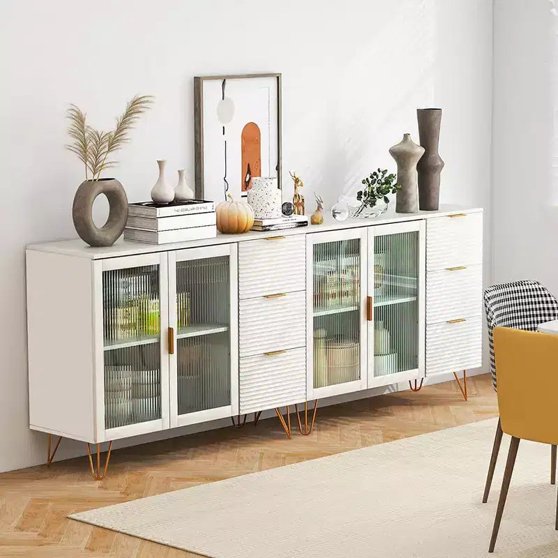 Credenza da Buffet Costway con 2 Ante in Vetro Temperato e 3 Cassetti per Cucina Bianca