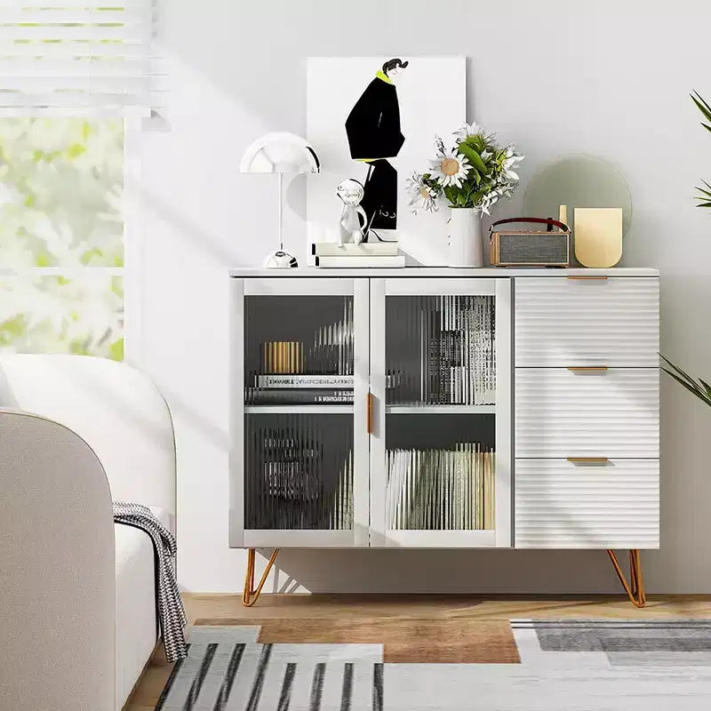 Credenza da Buffet Costway con 2 Ante in Vetro Temperato e 3 Cassetti per Cucina Bianca