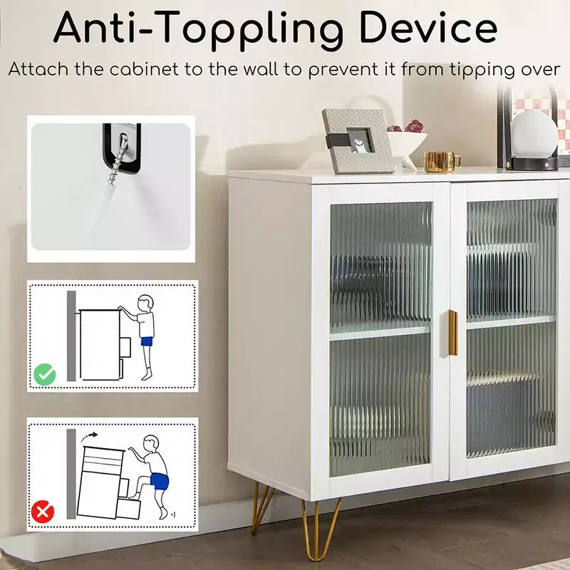 Credenza da Buffet Costway con 2 Ante in Vetro Temperato e 3 Cassetti per Cucina Bianca