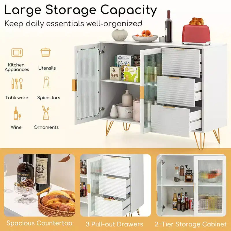 Credenza da Buffet Costway con 2 Ante in Vetro Temperato e 3 Cassetti per Cucina Bianca