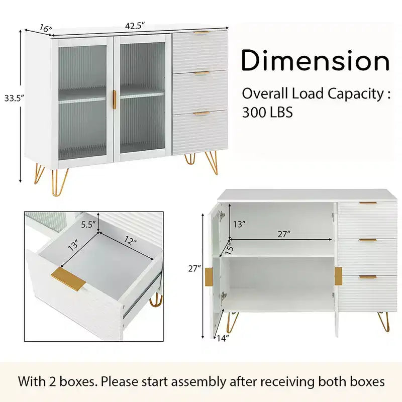 Credenza da Buffet Costway con 2 Ante in Vetro Temperato e 3 Cassetti per Cucina Bianca