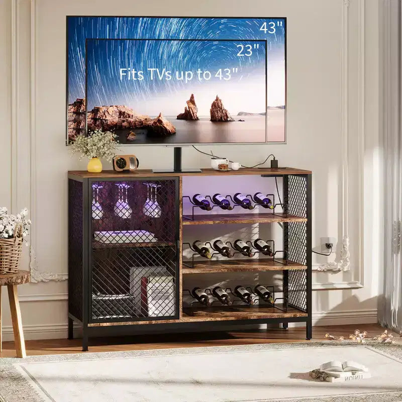 41.7 Mobile Bar da Vino con Portabottiglie, Armadietto Bar Caffè in Legno con Portabicchieri e Anta a Rete, Credenza Buffet per Soggiorno Ingresso