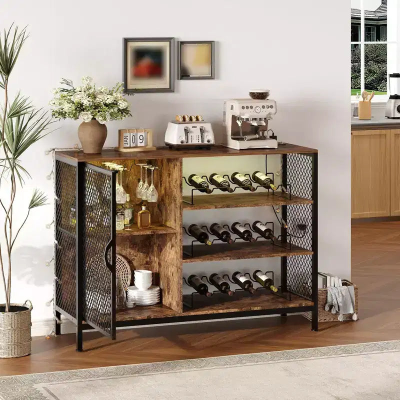41.7 Mobile Bar da Vino con Portabottiglie, Armadietto Bar Caffè in Legno con Portabicchieri e Anta a Rete, Credenza Buffet per Soggiorno Ingresso