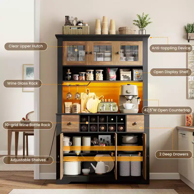Meuble Bar de Ferme de 174,5 cm, Bar à Vin Haut avec 10 Casier à Bouteilles, Buffet de Bar avec Rangement pour Salon