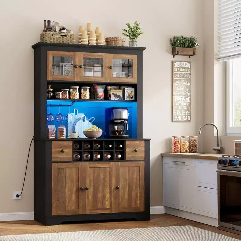 Meuble Bar de Ferme de 174,5 cm, Bar à Vin Haut avec 10 Casier à Bouteilles, Buffet de Bar avec Rangement pour Salon