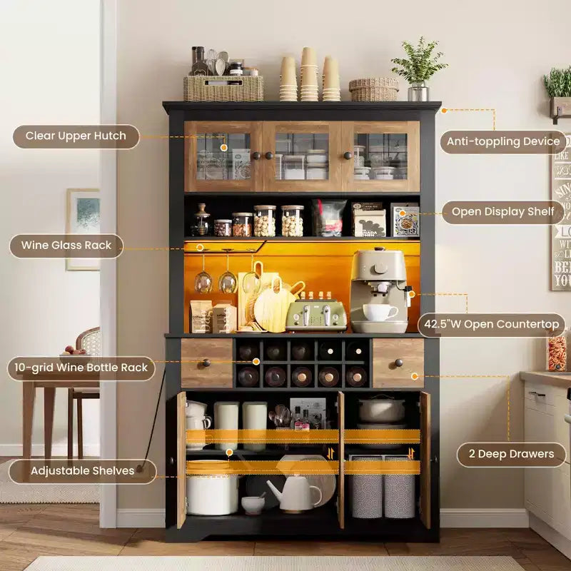 Meuble Bar de Ferme de 174,5 cm, Bar à Vin Haut avec 10 Casier à Bouteilles, Buffet de Bar avec Rangement pour Salon
