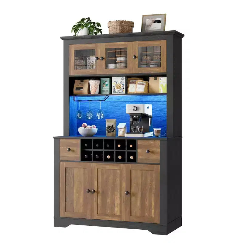 Meuble Bar de Ferme de 174,5 cm, Bar à Vin Haut avec 10 Casier à Bouteilles, Buffet de Bar avec Rangement pour Salon