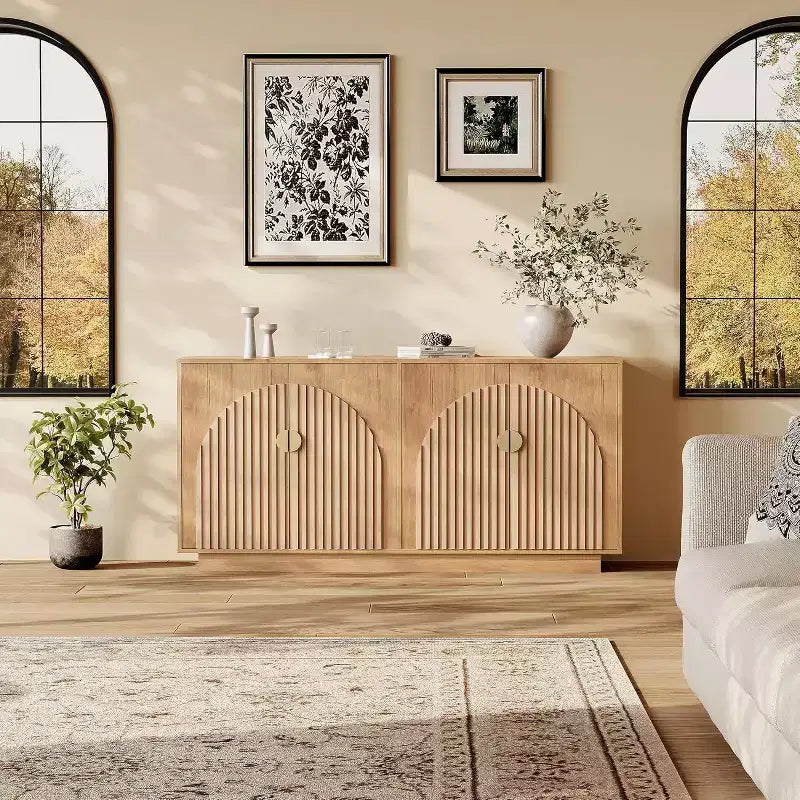 63in Large Sideboard Buffet Cabinet with Storage, Kitchen Fluted Coffee Bar Wine Bar Console Table with Gold Metal Handles for Dining Room Living Room