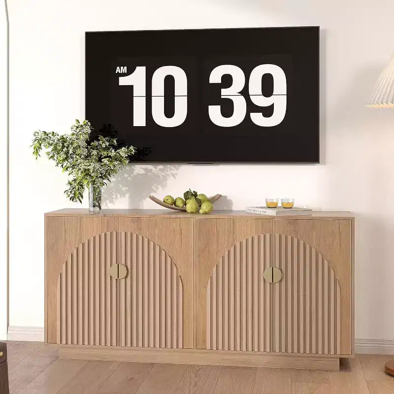 Grand buffet avec rangement de 160 cm, meuble de cuisine cannelé avec poignées dorées pour bar à café, bar à vin, console pour salle à manger et salon