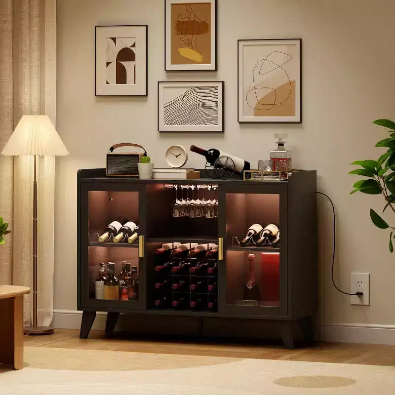 47 Inch Wine Bar Cabinet, Freestanding Liquor Bottle Storage Station with Storage Shelves, Wine Rack and Glass Holder for Dining Room, Kitchen